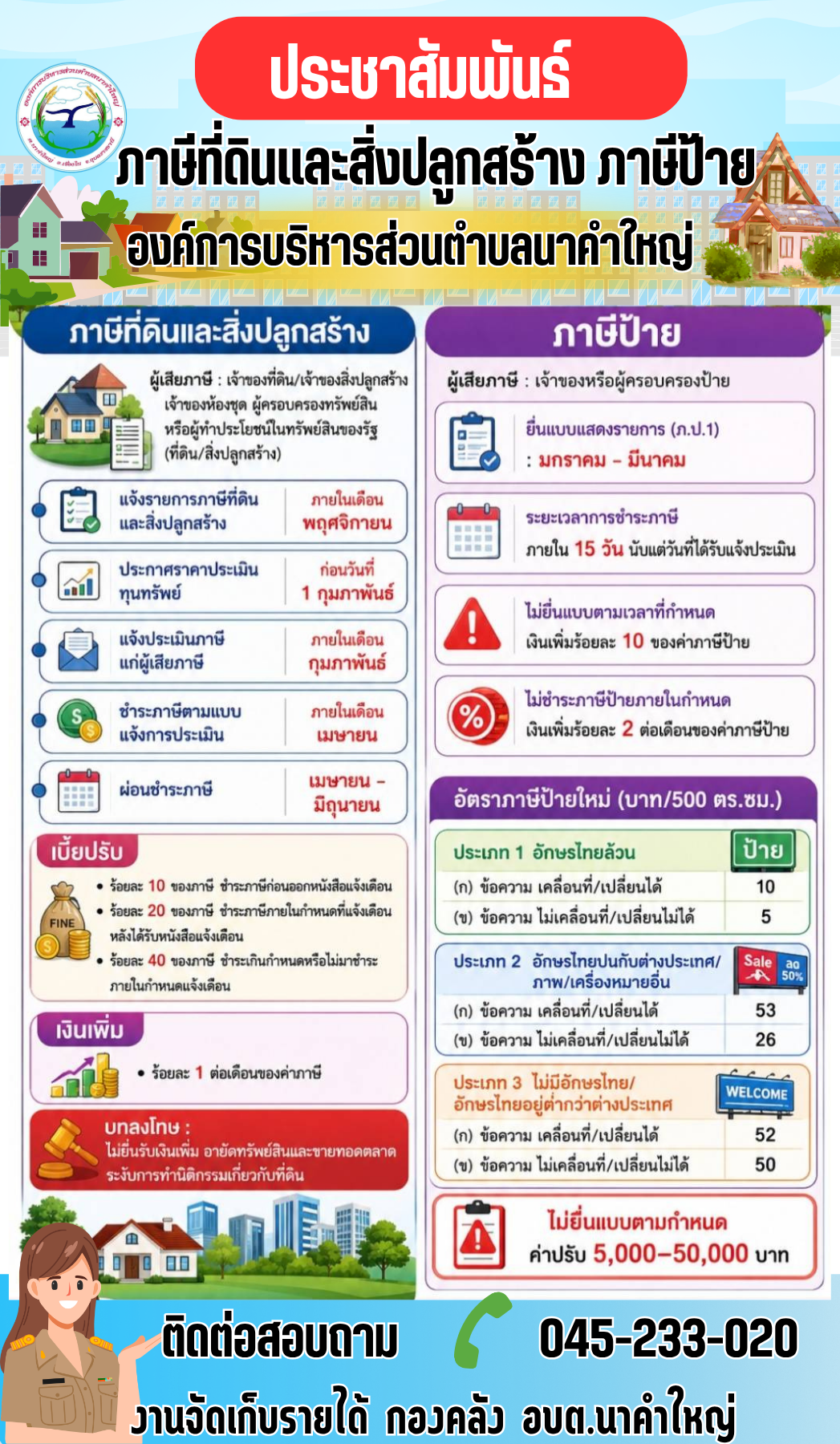 ข่าวประชาสัมพันธ์องค์การบริหารส่วนตำบลนาคำใหญ่ เรื่อง  ภาษีที่ดินและสิ่งปลูกสร้าง ภาษีป้าย